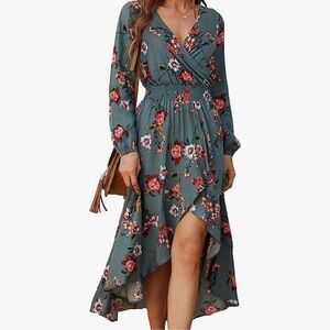 KorMei Small Floral Faux Wrap Bishop Sleeve Flowy Hi-Lo Ruffle Maxi Dress Boho